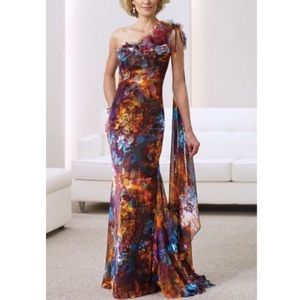 Montage by Mon Cheri One Shoulder Floral Print Silk Maxi Dress Gown Size 18
